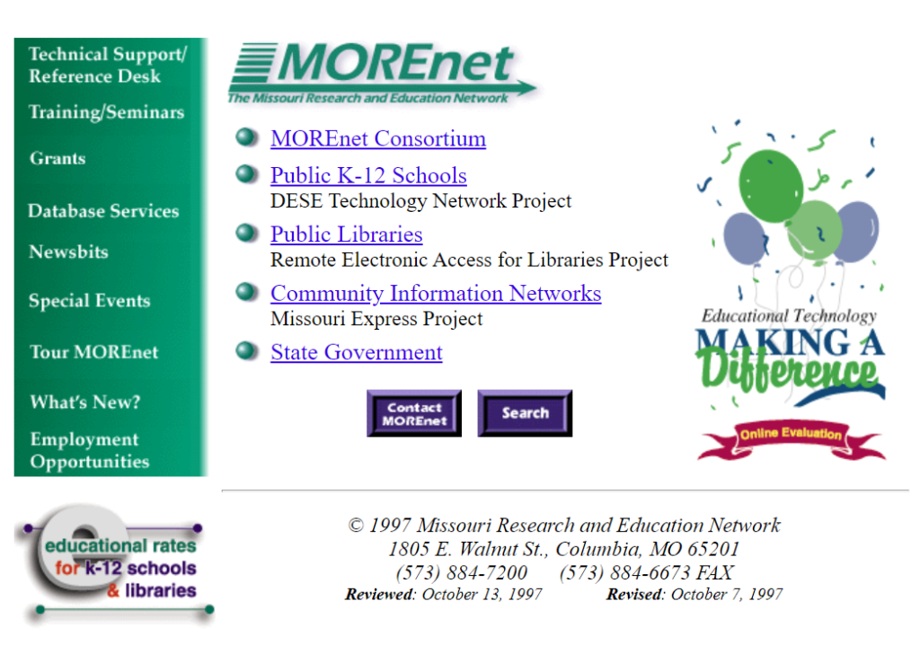 Screenshot of front page of MOREnet's website circa 1997