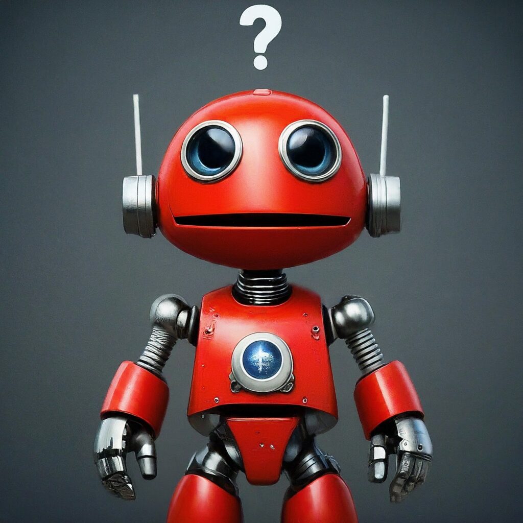 Example graphic created by Google Bard.  It is an image of a small, red, humanoid robot with a question mark over his head. The text prompt is included on the image and reads "create an image of a cute, bright, clean little robot with a curious expression and a question mark above his head in the style of Pixar"