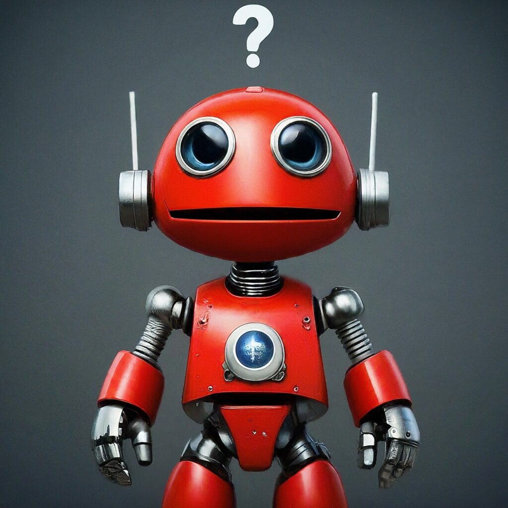 Example graphic created by Google Bard. It is an image of a small, red, humanoid robot with a question mark over his head. The text prompt is included on the image and reads "create an image of a cute, bright, clean little robot with a curious expression and a question mark above his head in the style of Pixar"