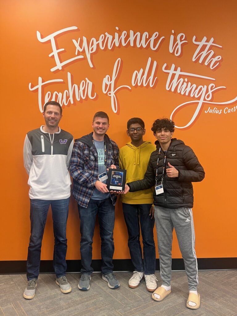 Third place: Fort Zumwalt West High School Jagwires, Blake Vaclavik, Saketh Subramanian and Varunrao Wallabajad, with Jeremy Rapp, teacher