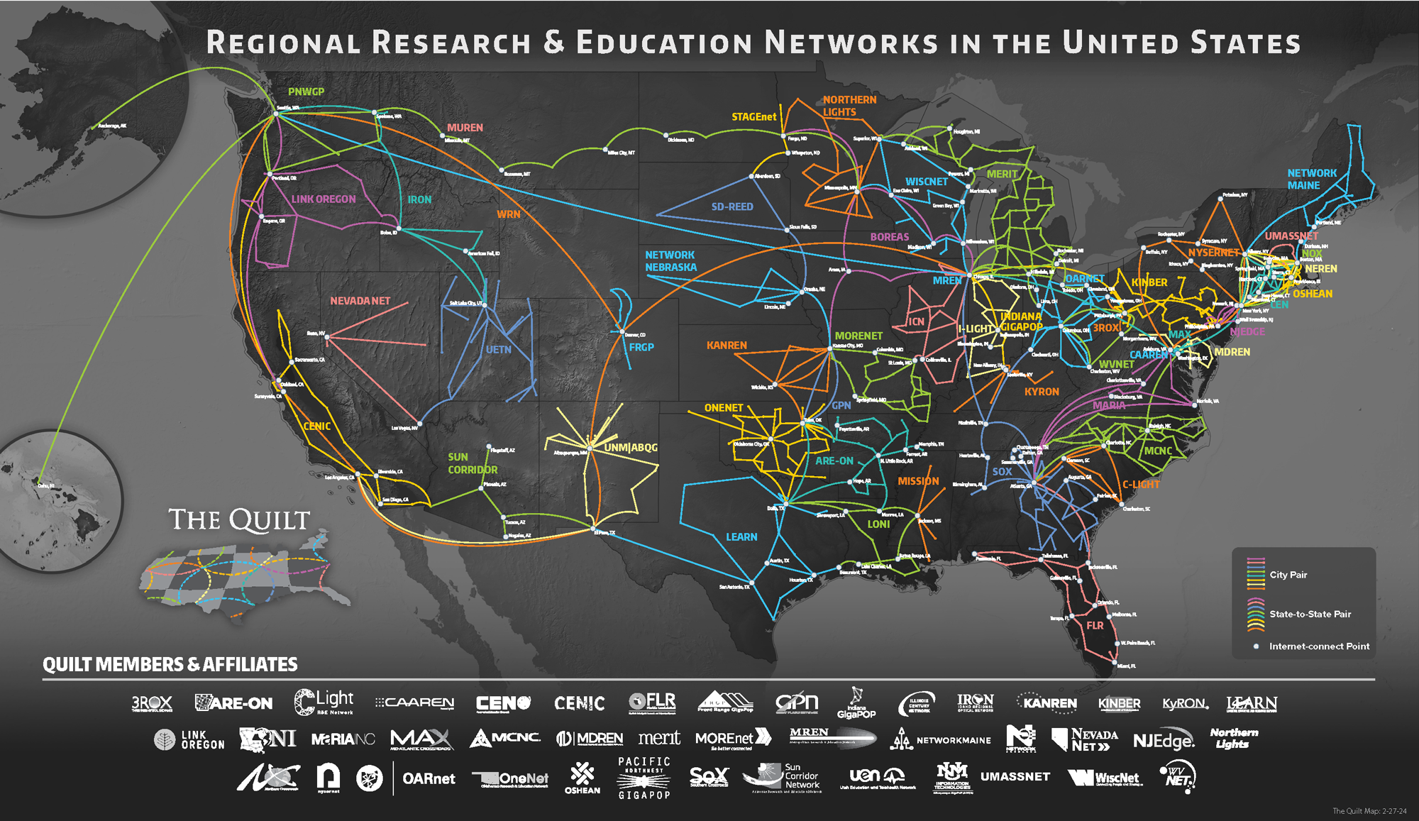 The Quilt Network map of Regional Research and Education networks in the United States. See The Quilt site for more information.