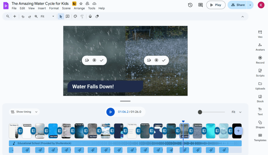 Google Vids screen with water cycle video.