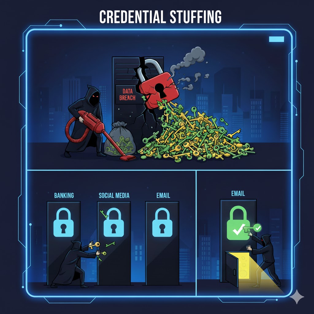 A bad guy collects keys from a breach, trys the keys on other locks, and compromises other vaults